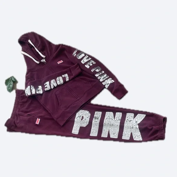 Pink Maroon Hoodie & Sweatpants Set - 'Love Pink’ With Sequence & Logo, Small/Xs - Picture 12 of 14